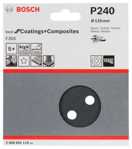 BOSCH Brusni papir F355, paket 5 kosov 125 mm, 240 2608605119