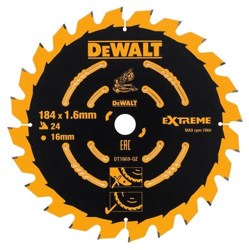 DeWALT EXTREME žagin list za akumulatorske krožne žage, 184 x 16 mm, 24 zob DT1669