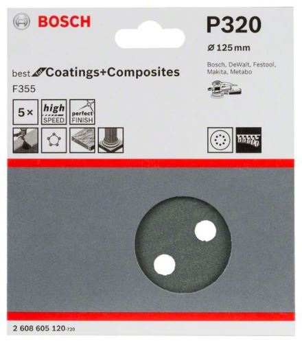 BOSCH Brusni papir F355, paket 5 kosov 125 mm, 320 2608605120