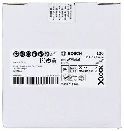 Bosch 1-delne vlaknene brusilne plošče X-LOCK, Ø 125 mm, G 120, R574, Best for Metal