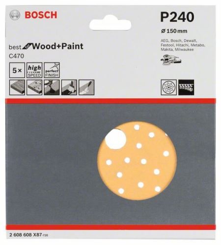 BOSCH Brusni papirji C470 za ekscentrične brusilnike, Best for Wood and Paint, premer 150 mm, 240 multiperforacija (5 kos) 2608608X87