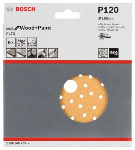 BOSCH Brusni papirji C470 za ekscentrične brusilnike, Best for Wood and Paint, premer 150 mm, 120 multiperforacij (5 kos) 2608608X85