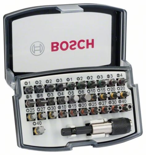 BOSCH 32-delni komplet nastavkov za izvijač PH1; PH2; PH2; PH3; PZ1; PZ2; PZ2; PZ3; HEX 3; HEX 4; HEX 5; HEX 6; T10; T15; T20; T20; T25; T27; T30; T40 2607017319