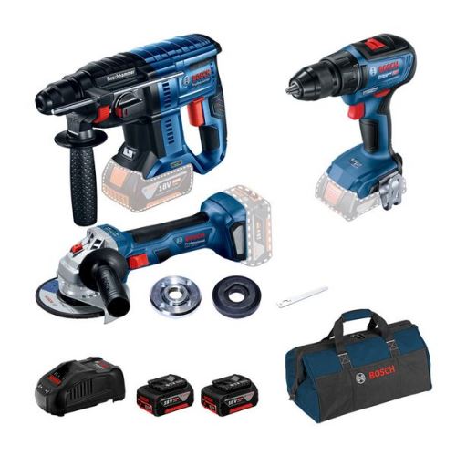 Bosch Professional set: GBH 180-LI + GSR 18V-50 + GWS 180-LI + 2× GBA 18V 5.0Ah + 0615990M32