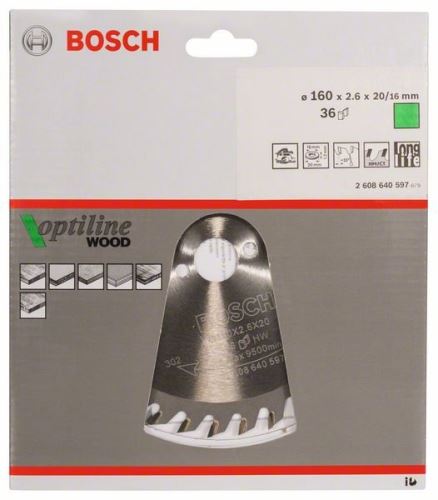 BOSCH žagin list Optiline Wood 160 x 20/16 x 2,6 mm, 36 2608640597